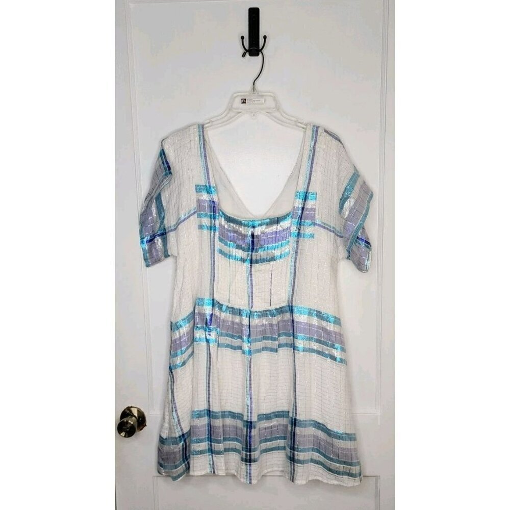 Free People Barcelona Plaid Mini Dress Women Sz Small Metallic Shimmer Ivory